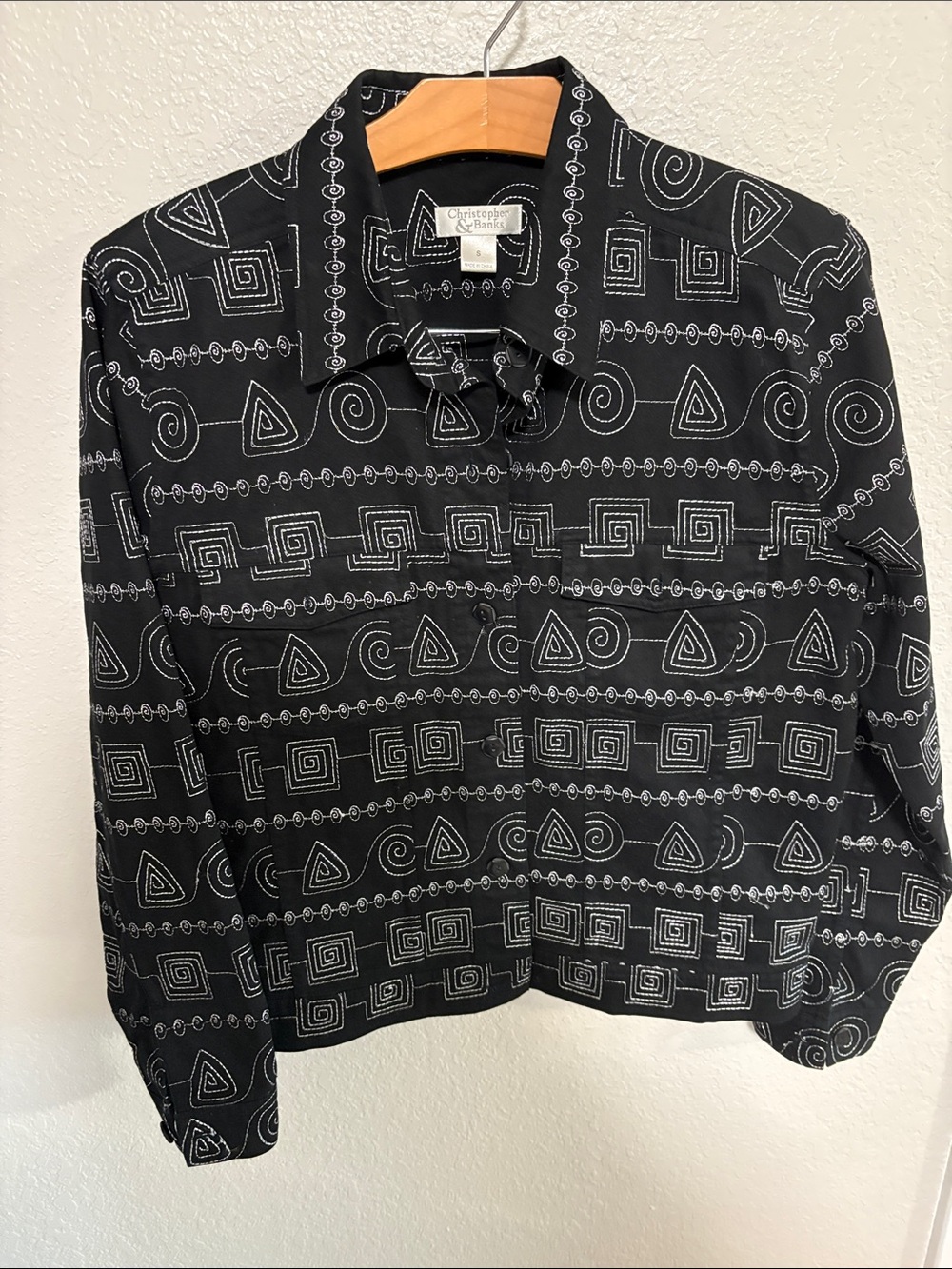 Christopher & Banks Black Jacket with White Geometric Print